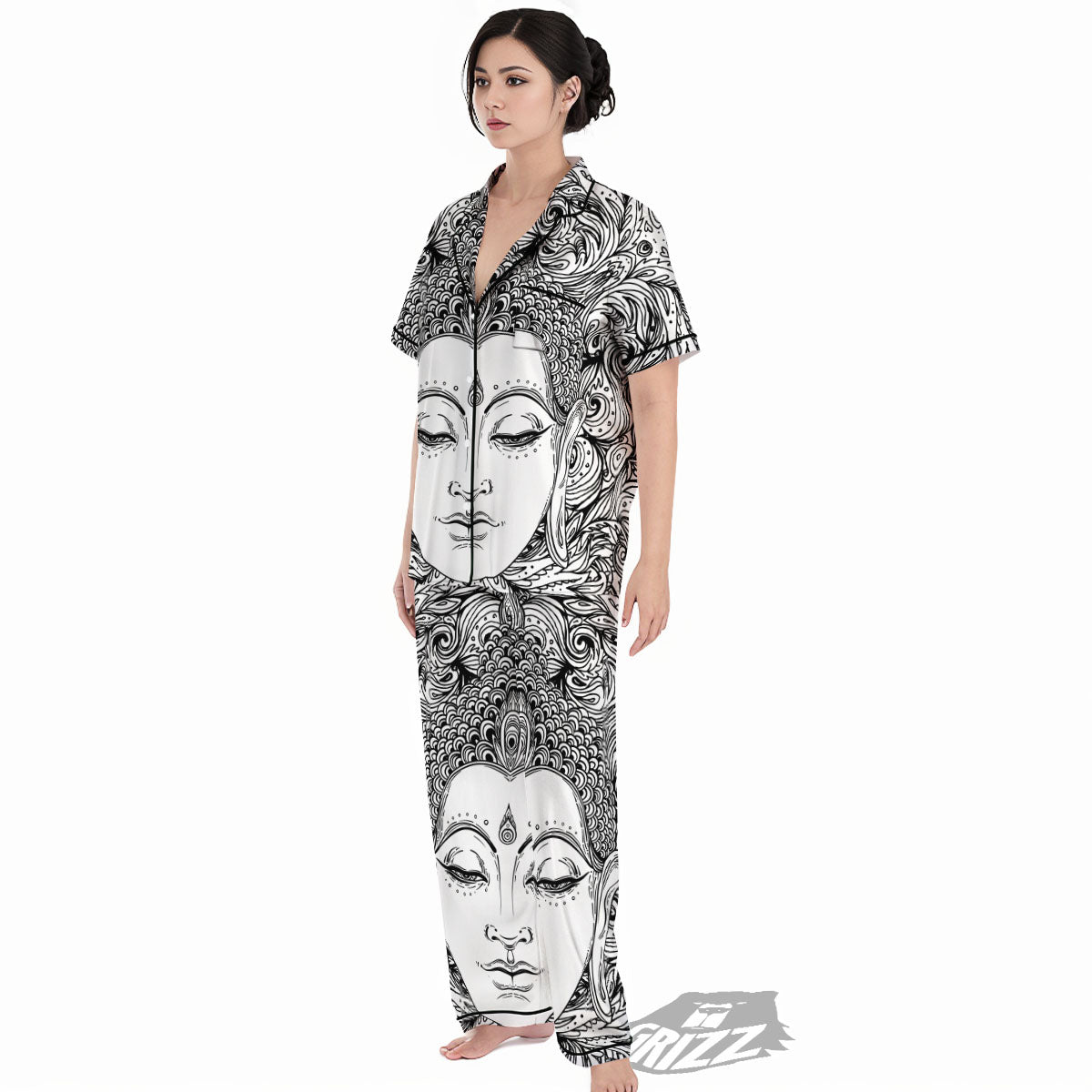 Buddha Mandala Spiritual Black White Print Women's Pajamas Set-grizzshop