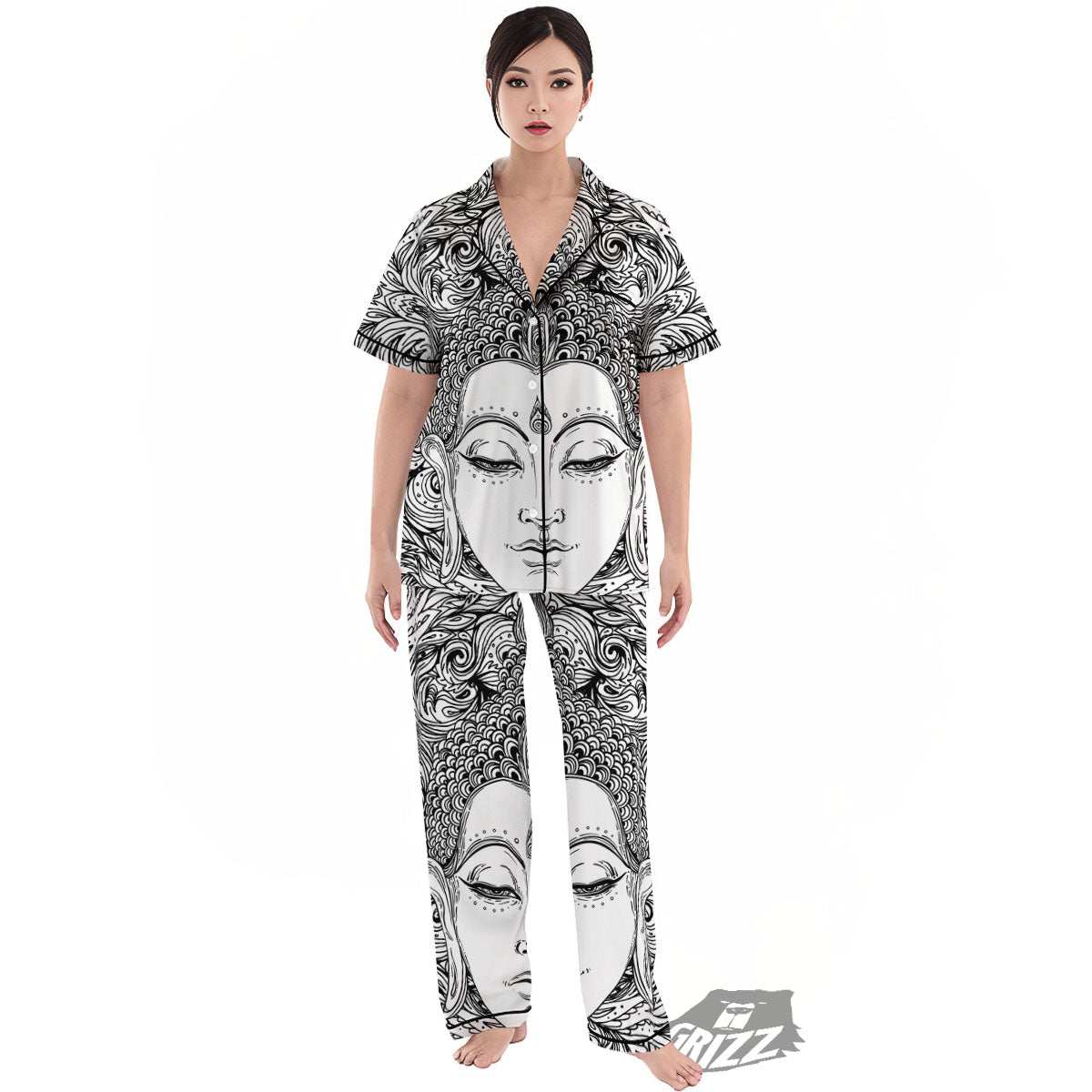 Buddha Mandala Spiritual Black White Print Women's Pajamas Set-grizzshop