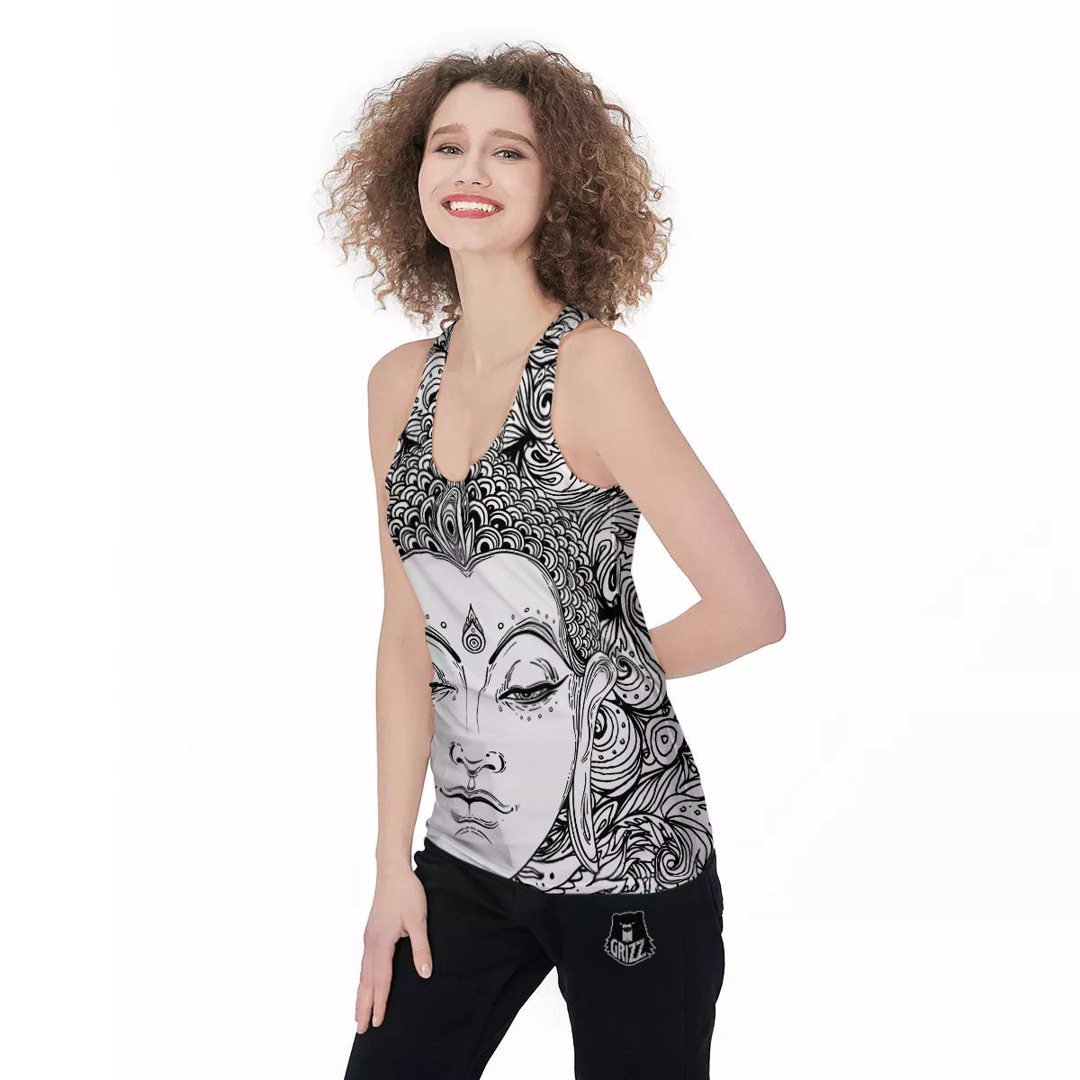 Buddha Mandala Spiritual Black White Print Women's Racerback Tank Top-grizzshop