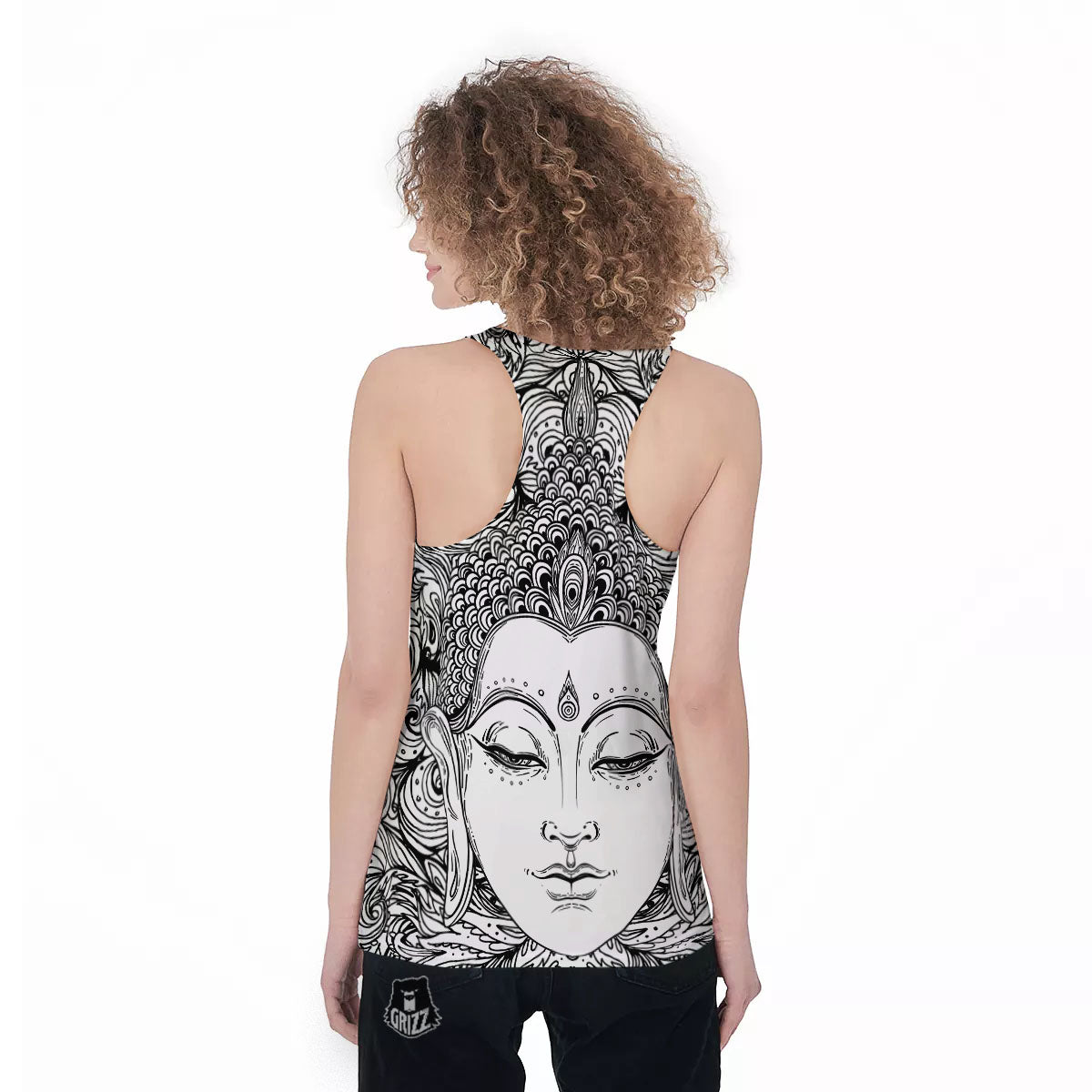 Buddha Mandala Spiritual Black White Print Women's Racerback Tank Top-grizzshop