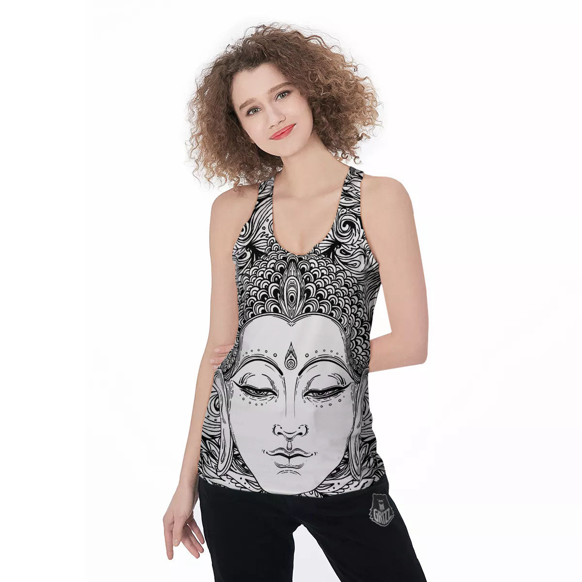 Buddha Mandala Spiritual Black White Print Women's Racerback Tank Top-grizzshop