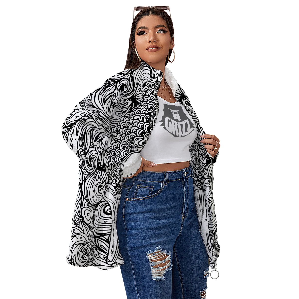 Buddha Mandala Spiritual Black White Print Women's Sherpa Jacket-grizzshop