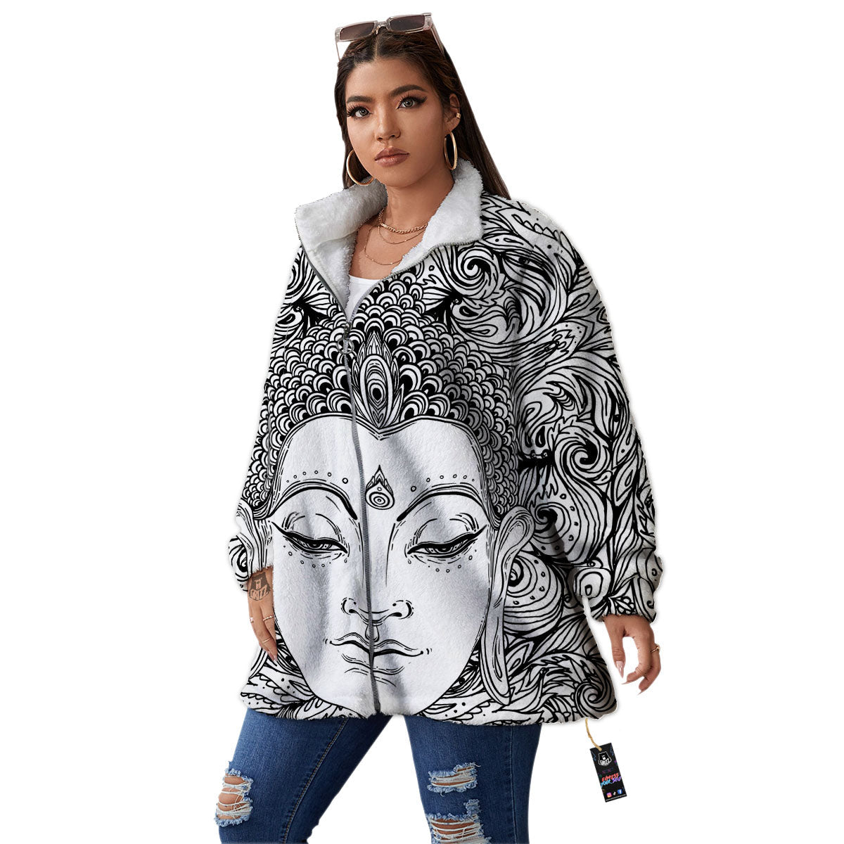 Buddha Mandala Spiritual Black White Print Women's Sherpa Jacket-grizzshop