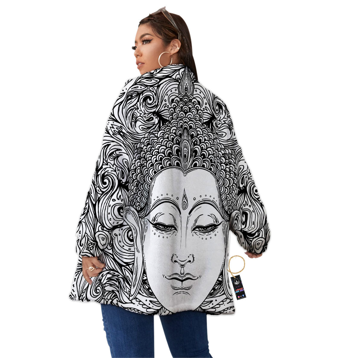 Buddha Mandala Spiritual Black White Print Women's Sherpa Jacket-grizzshop