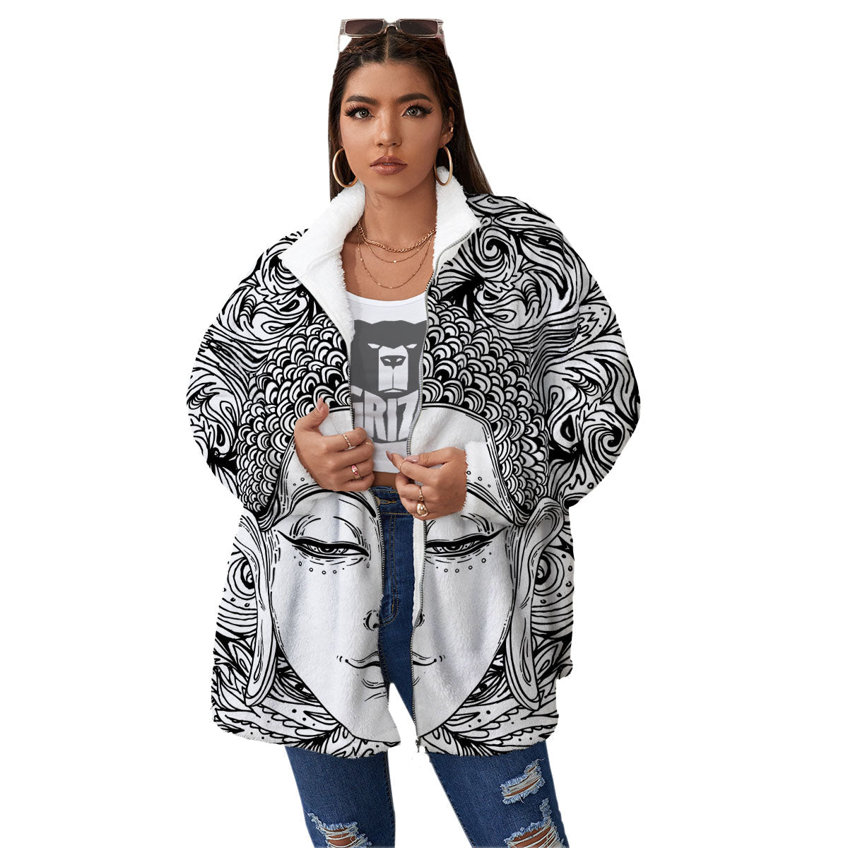 Buddha Mandala Spiritual Black White Print Women's Sherpa Jacket-grizzshop
