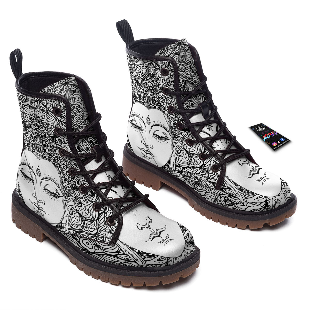 Buddha Mandala Spiritual Black White Print Work Boots-grizzshop
