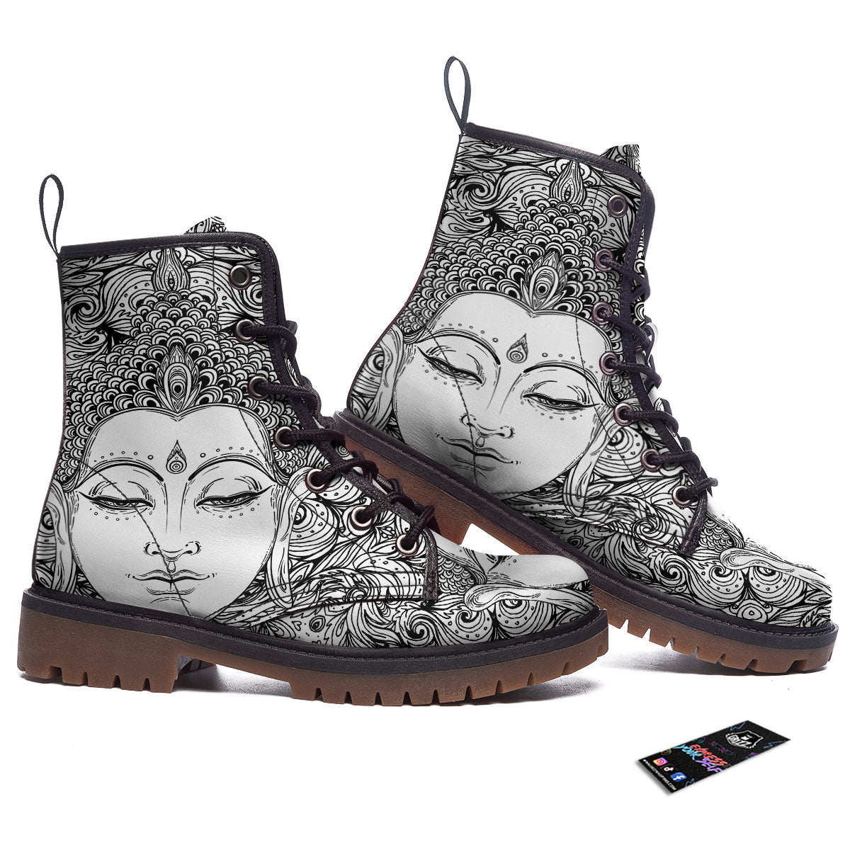 Buddha Mandala Spiritual Black White Print Work Boots-grizzshop