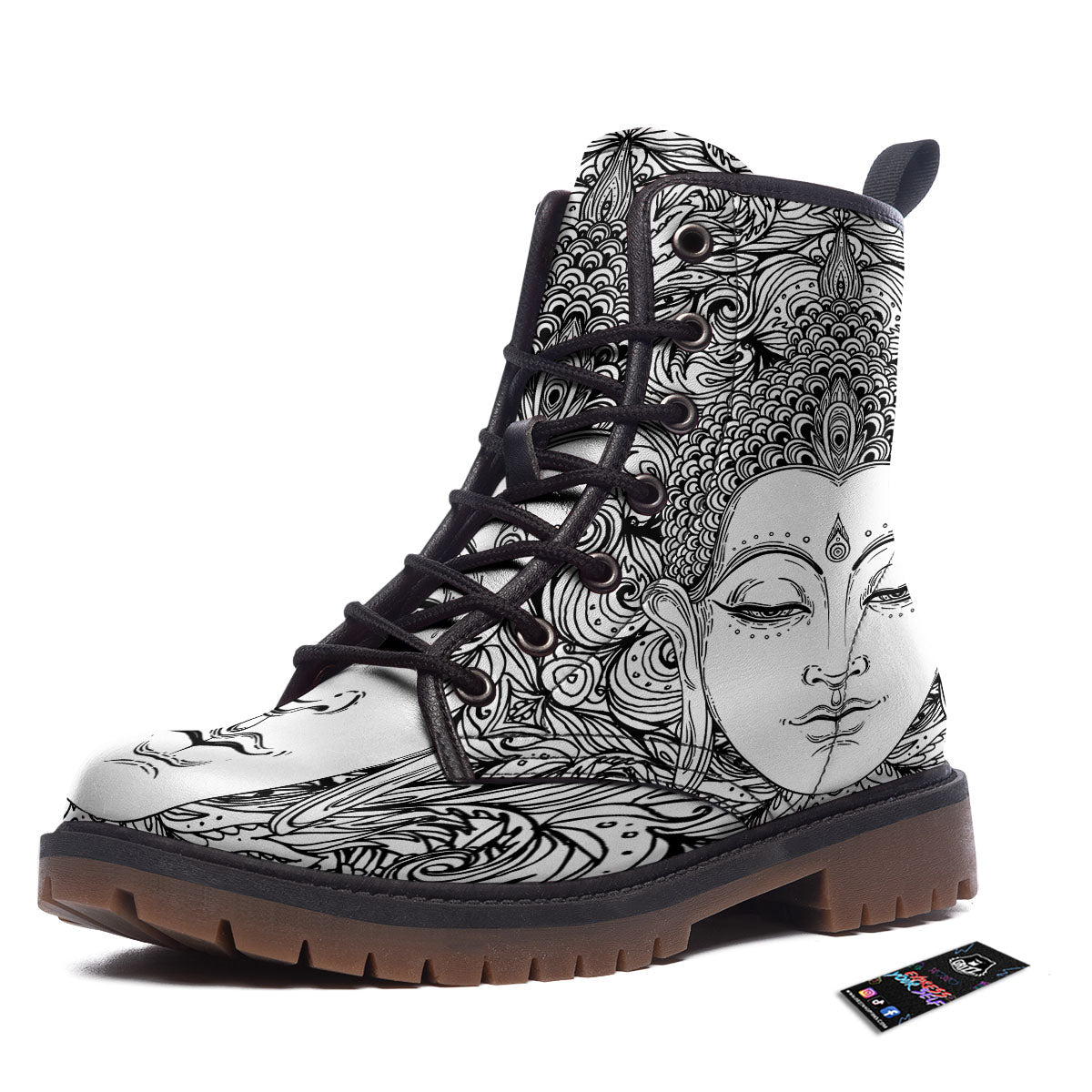 Buddha Mandala Spiritual Black White Print Work Boots-grizzshop