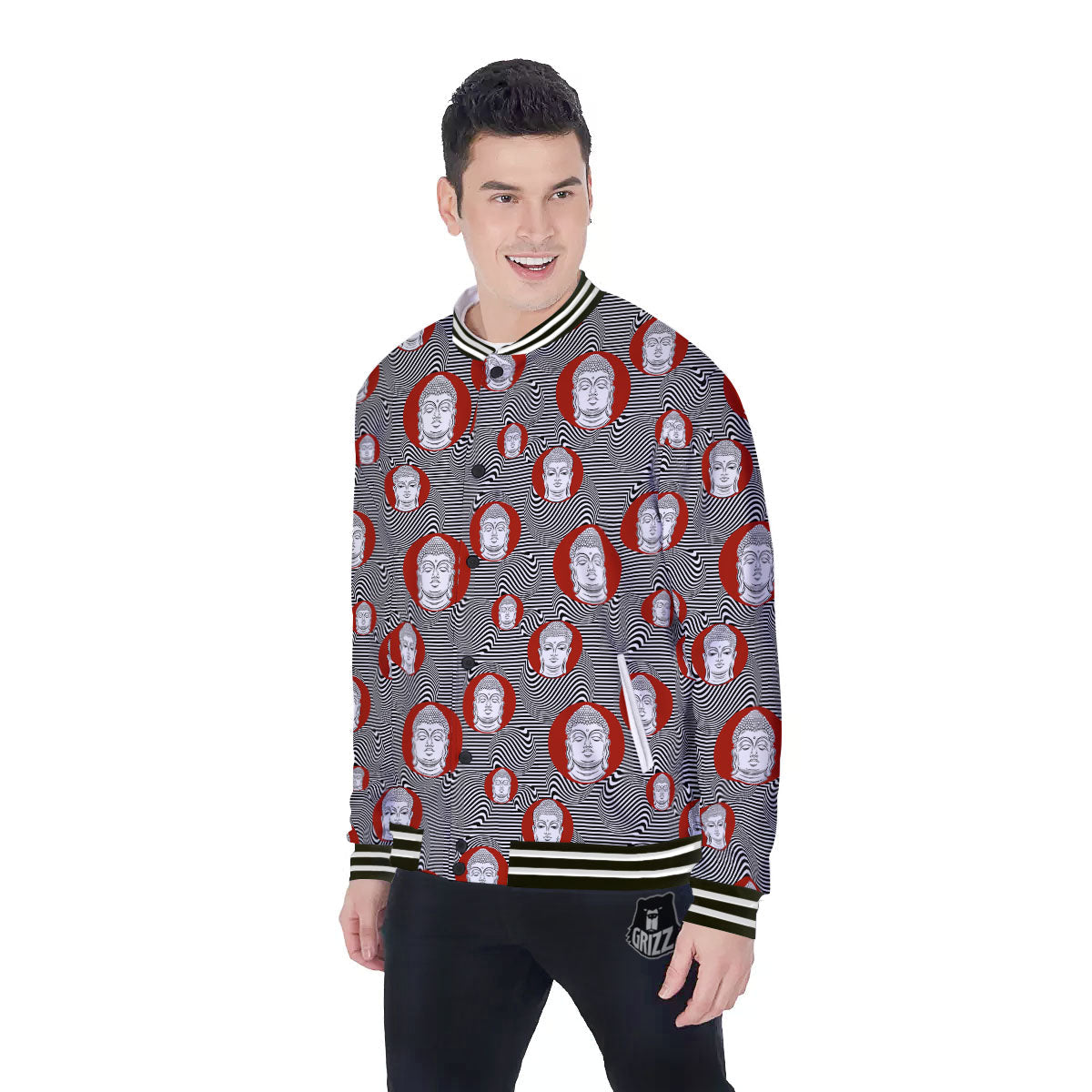 Buddha Print Pattern Baseball Jacket-grizzshop