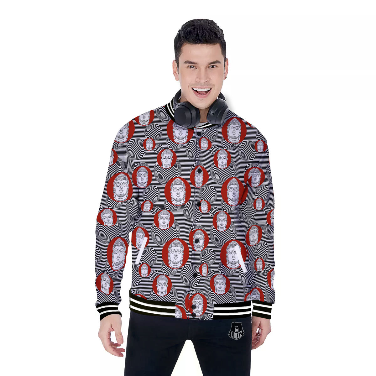 Buddha Print Pattern Baseball Jacket-grizzshop