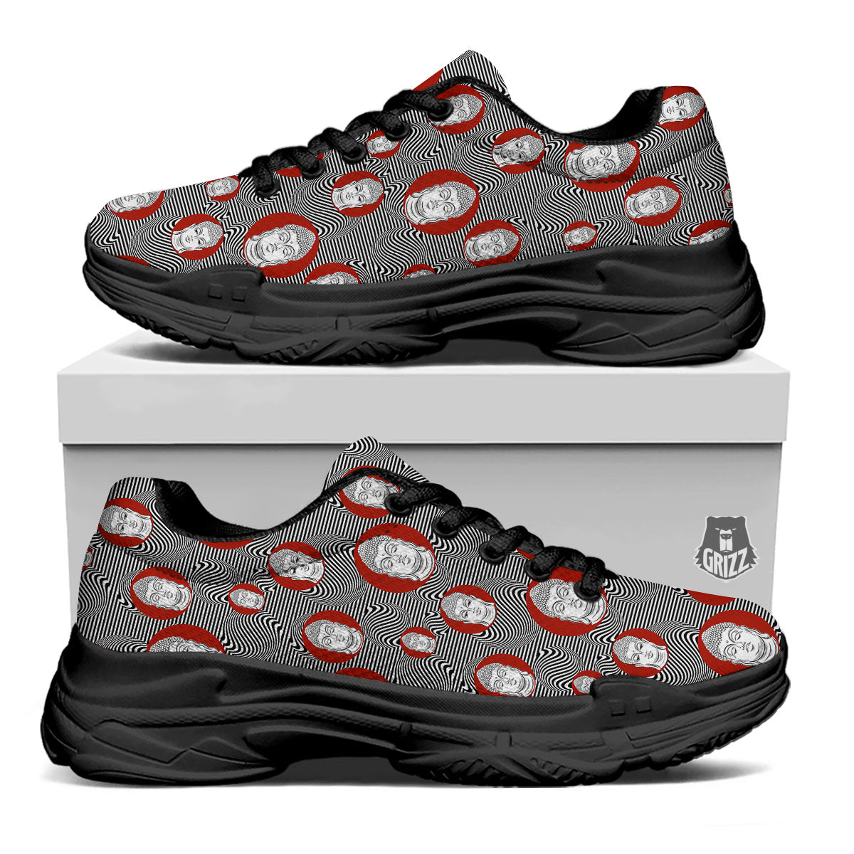 Buddha Print Pattern Black Chunky Shoes-grizzshop