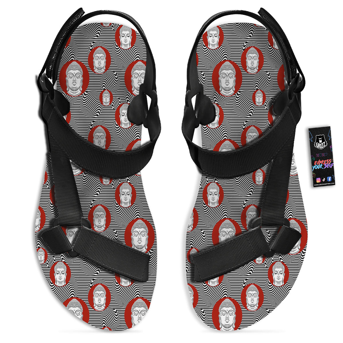 Buddha Print Pattern Black Open Toe Sandals-grizzshop
