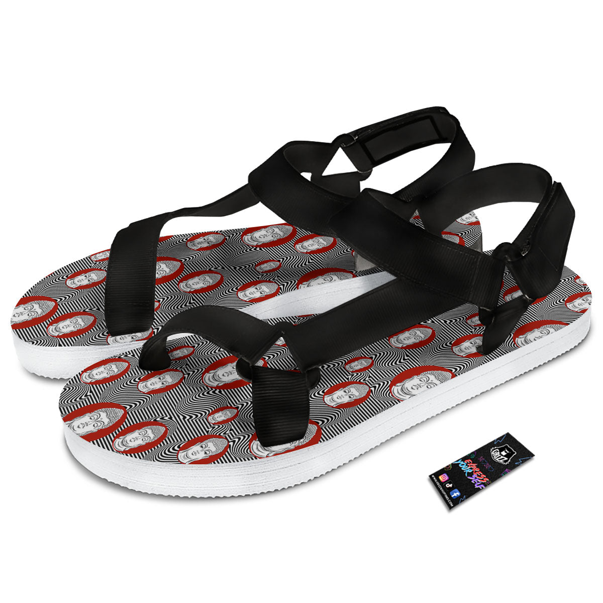 Buddha Print Pattern Black Open Toe Sandals-grizzshop