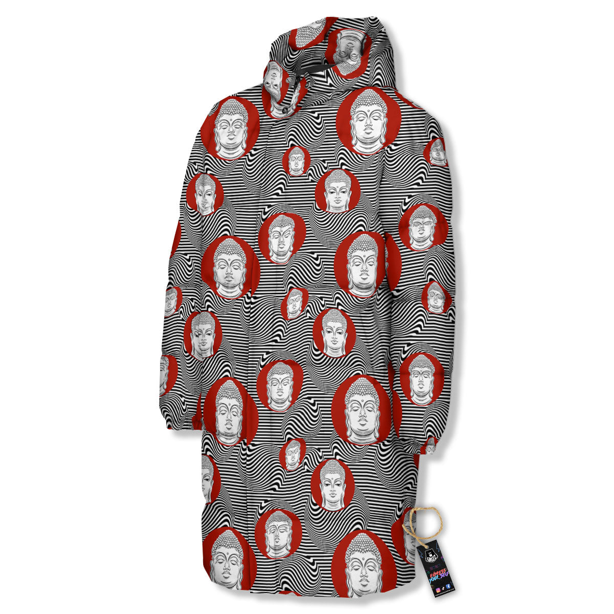 Buddha Print Pattern Long Down Jacket-grizzshop