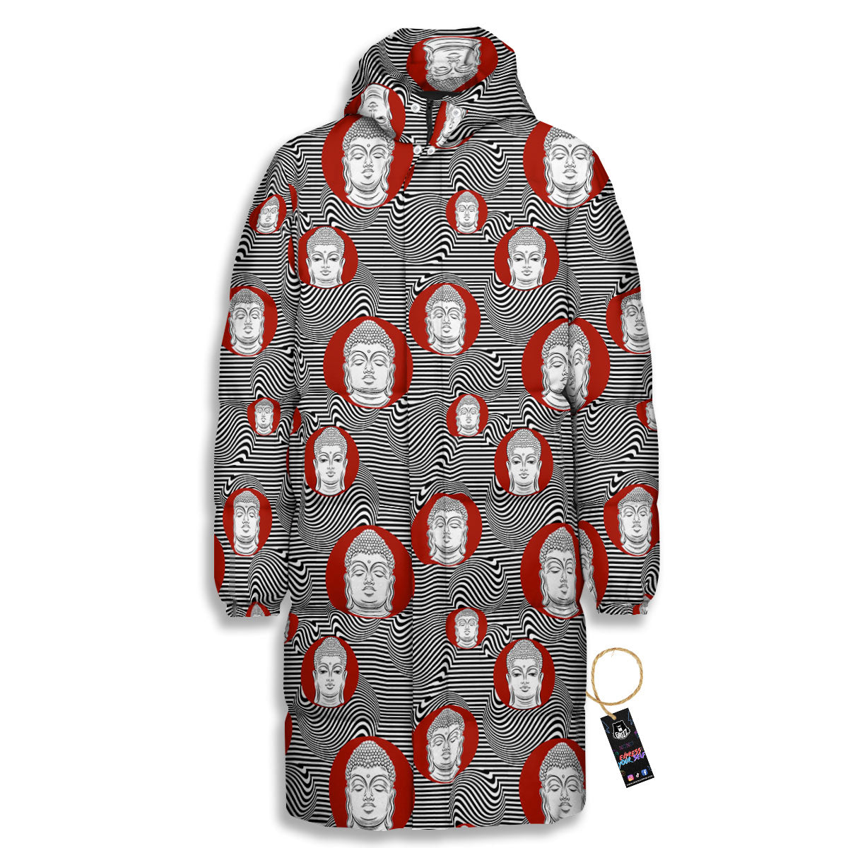 Buddha Print Pattern Long Down Jacket-grizzshop
