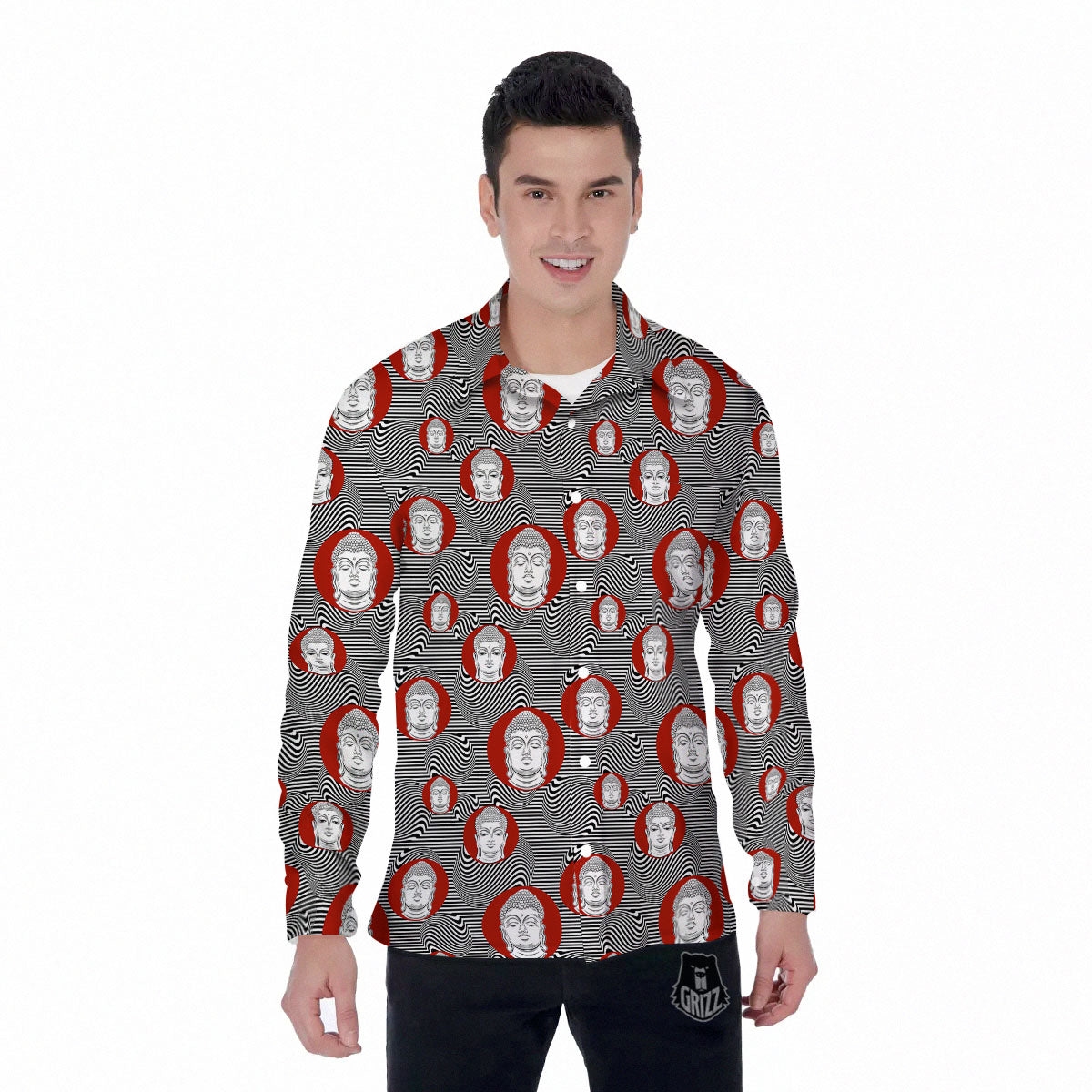 Buddha Print Pattern Men's Long Sleeve Shirts-grizzshop