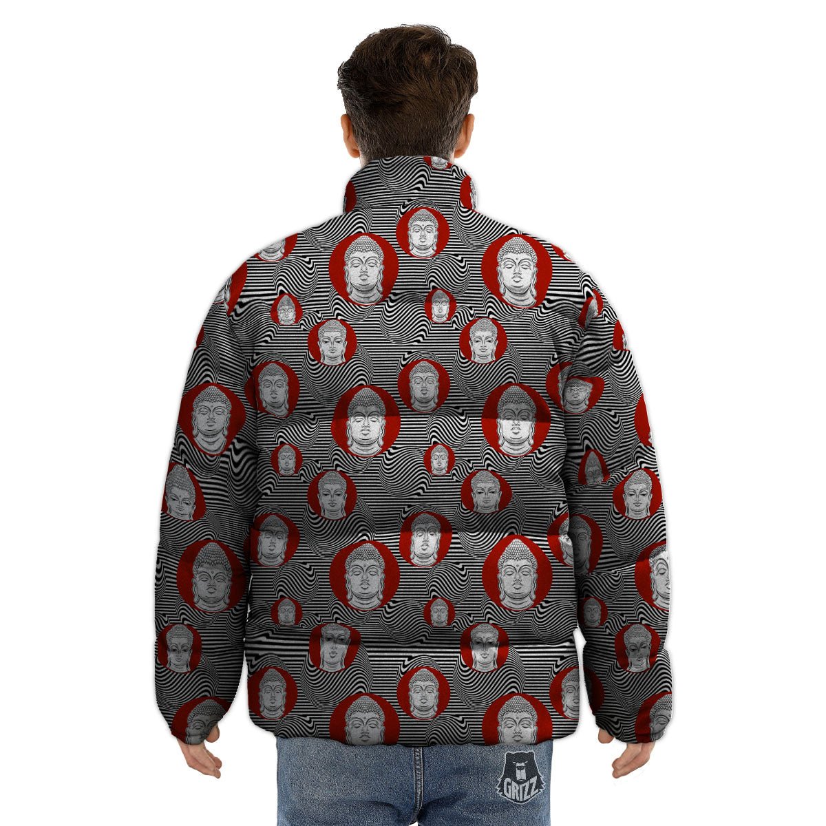 Buddha Print Pattern Puffer Jacket-grizzshop