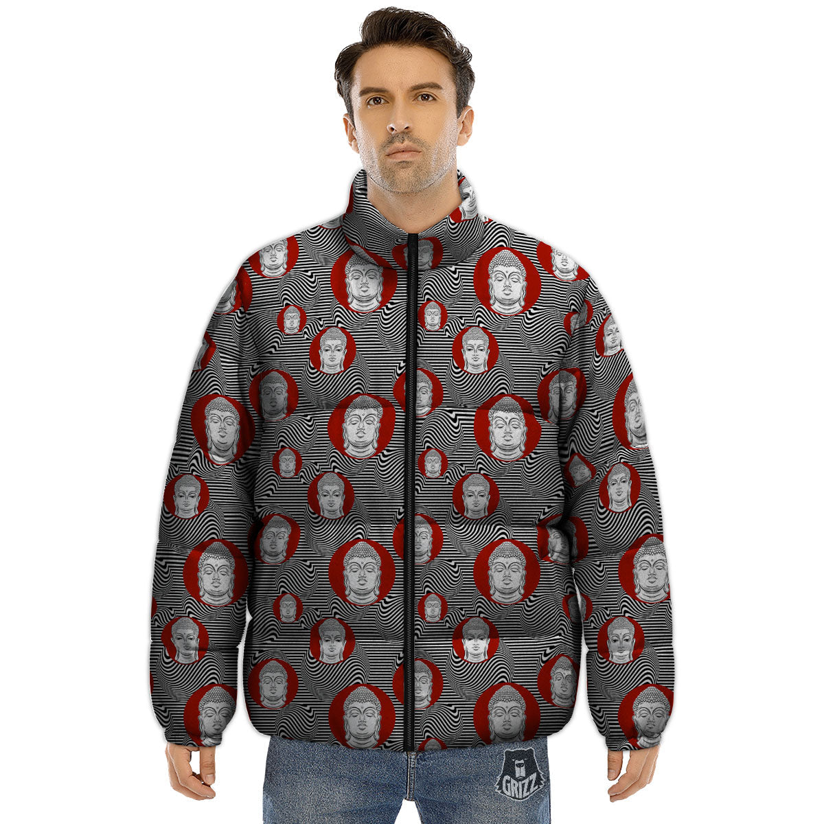 Buddha Print Pattern Puffer Jacket-grizzshop