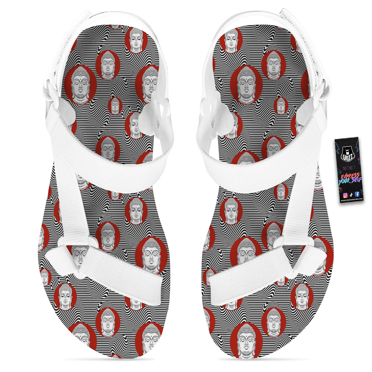 Buddha Print Pattern White Open Toe Sandals-grizzshop