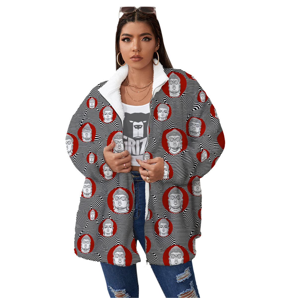 Buddha Print Pattern Women's Sherpa Jacket-grizzshop