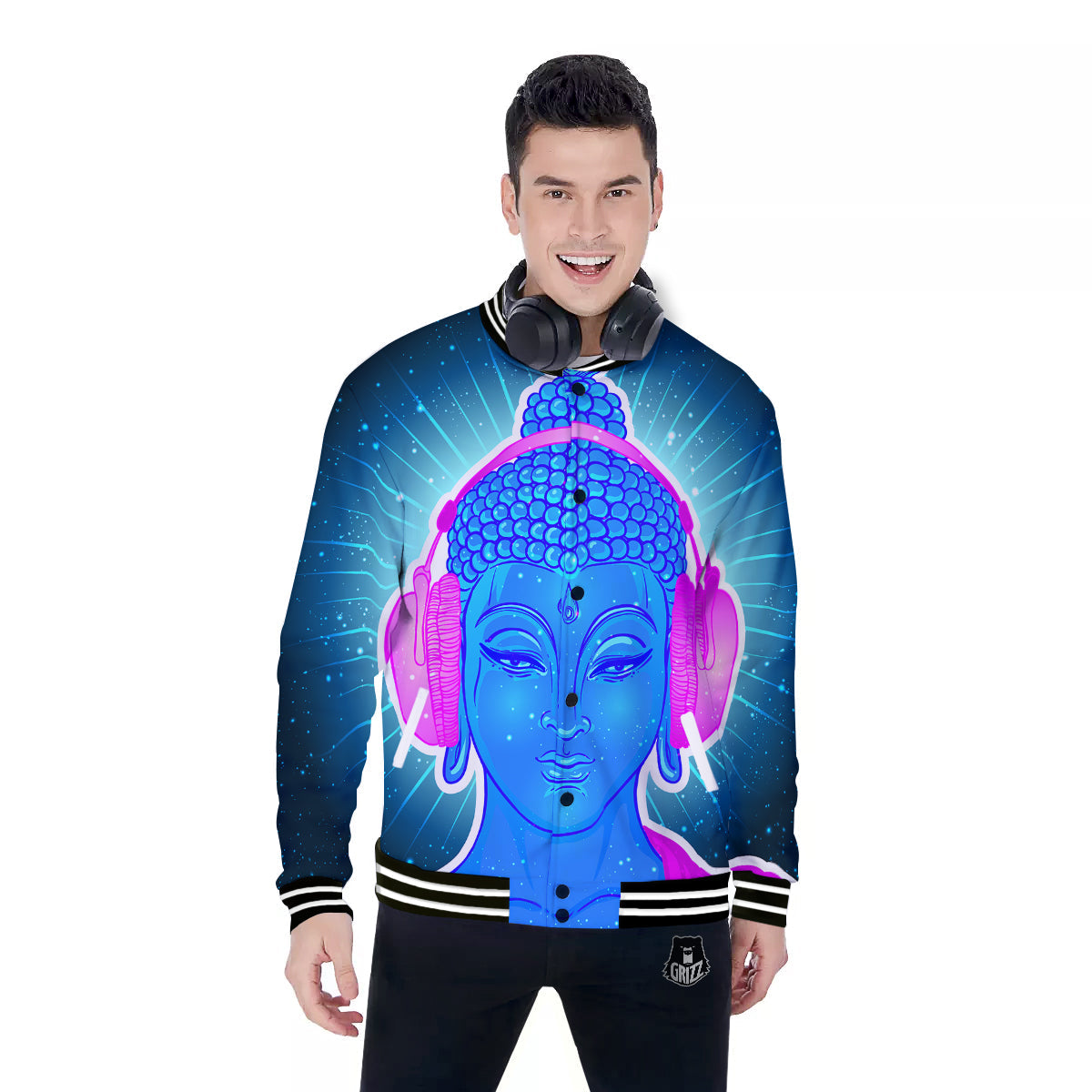 Buddha Psychedelic Print Baseball Jacket-grizzshop