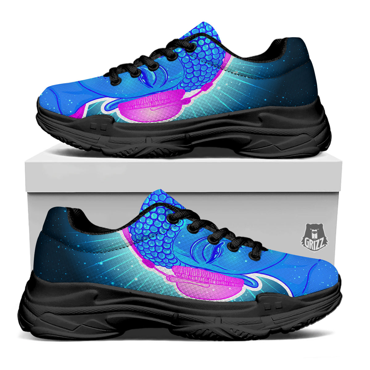 Buddha Psychedelic Print Black Chunky Shoes-grizzshop