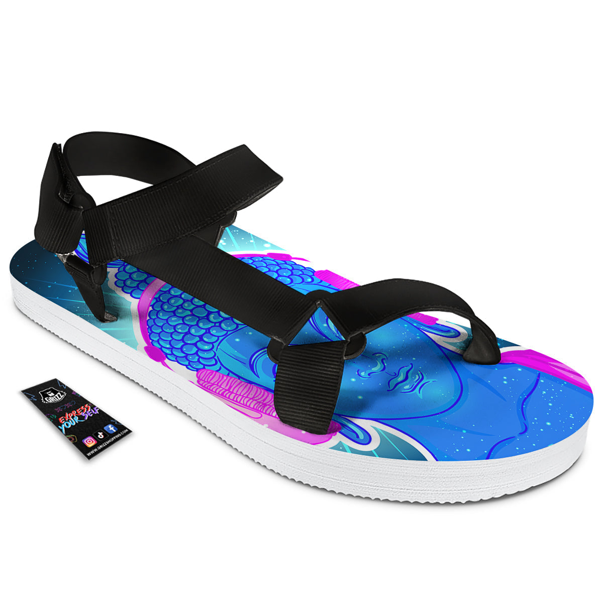Buddha Psychedelic Print Black Open Toe Sandals-grizzshop