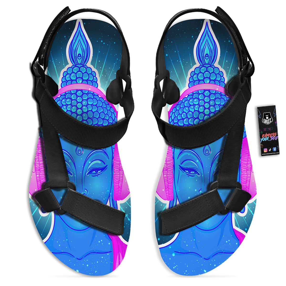 Buddha Psychedelic Print Black Open Toe Sandals-grizzshop
