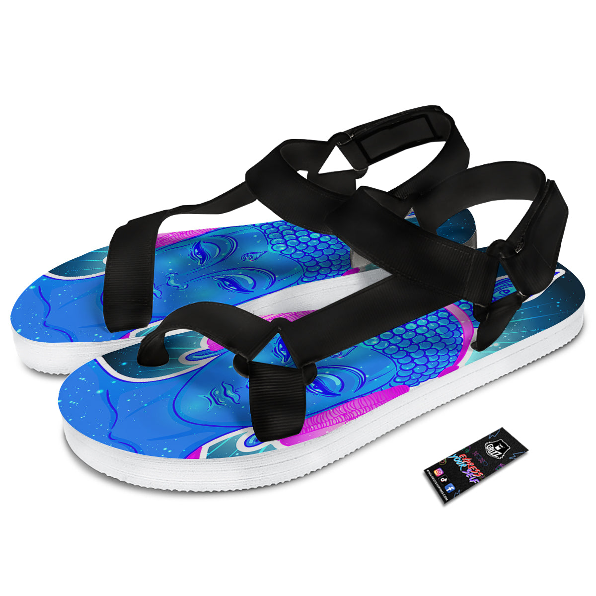 Buddha Psychedelic Print Black Open Toe Sandals-grizzshop