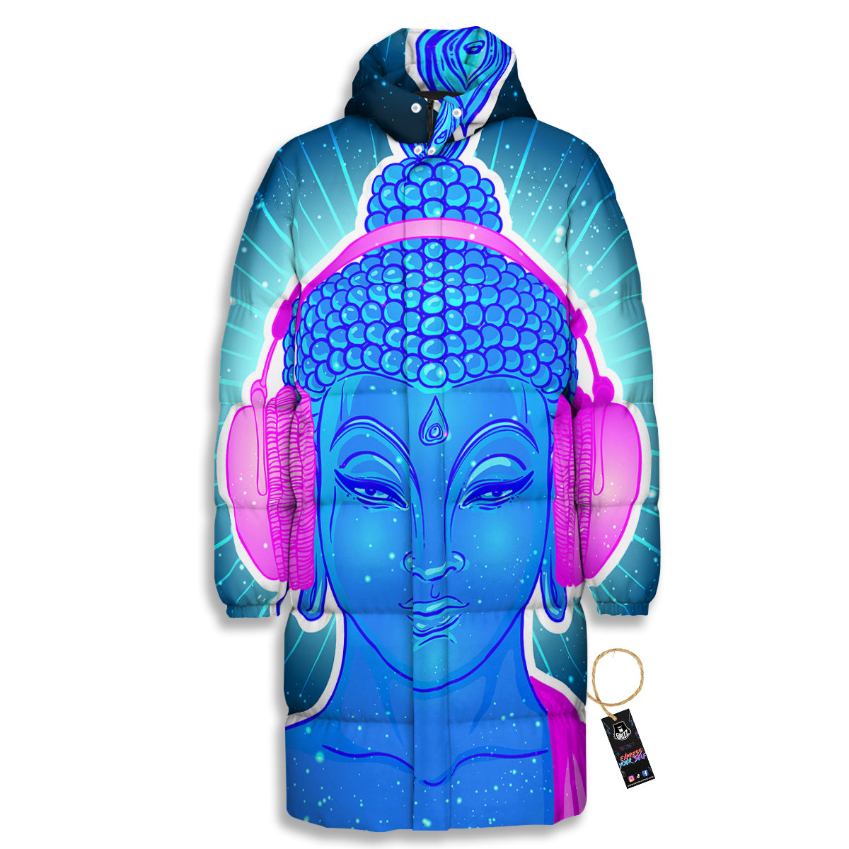Buddha Psychedelic Print Long Down Jacket-grizzshop