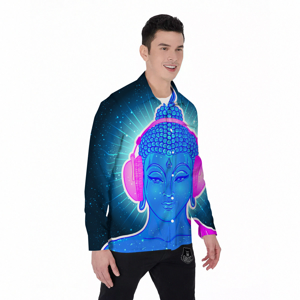 Buddha Psychedelic Print Men's Long Sleeve Shirts-grizzshop