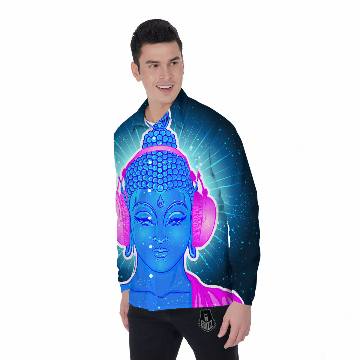 Buddha Psychedelic Print Men's Long Sleeve Shirts-grizzshop