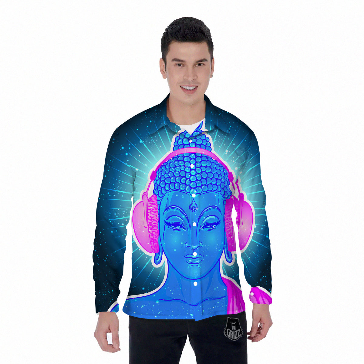 Buddha Psychedelic Print Men's Long Sleeve Shirts-grizzshop