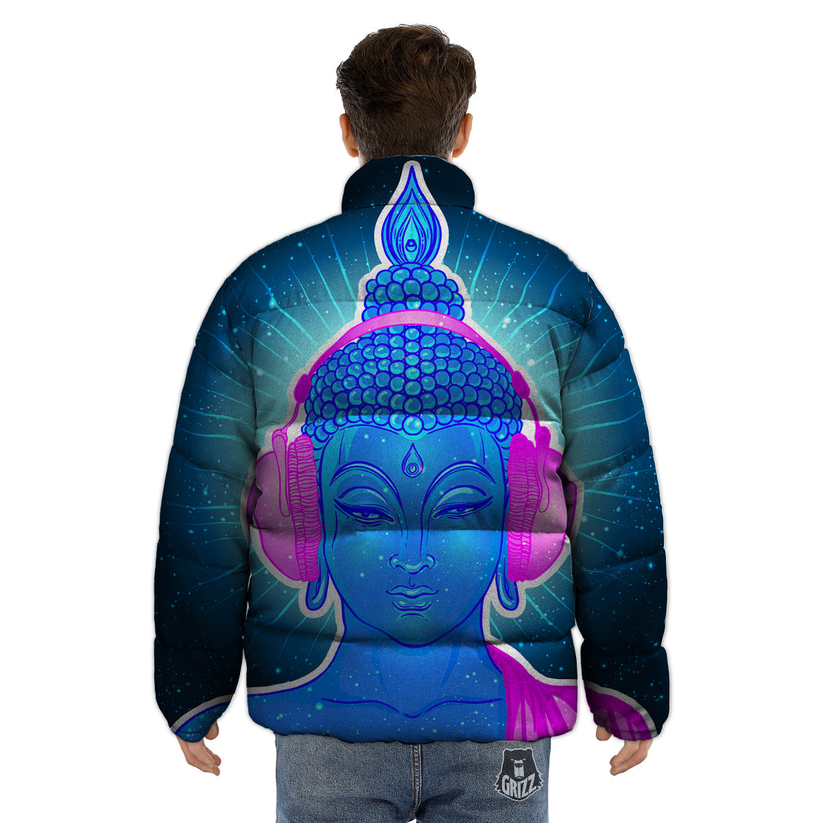 Buddha Psychedelic Print Puffer Jacket-grizzshop