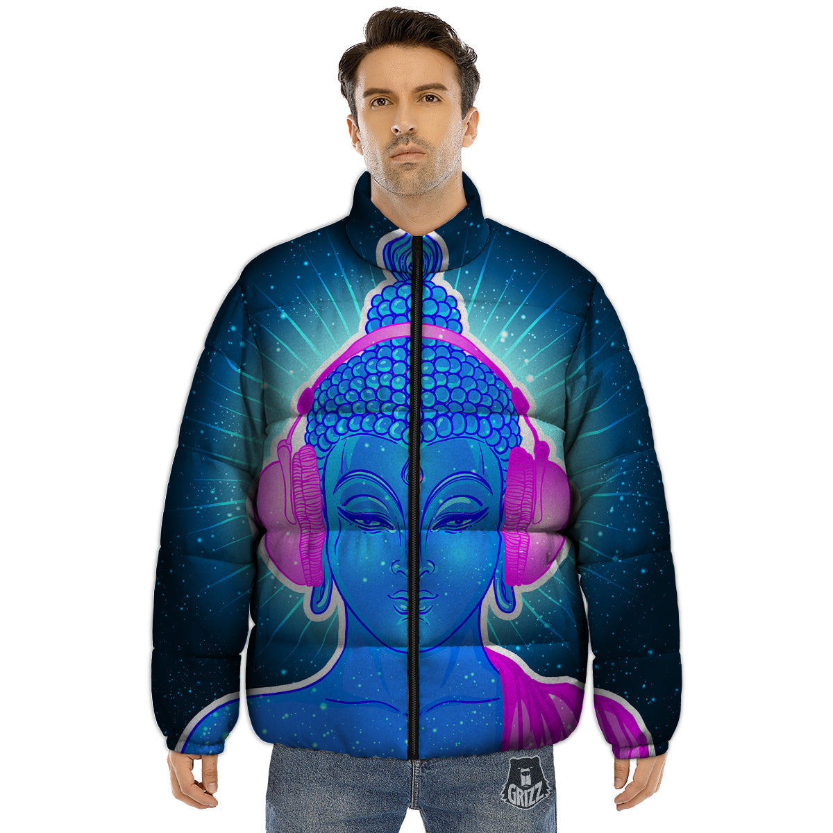 Buddha Psychedelic Print Puffer Jacket-grizzshop