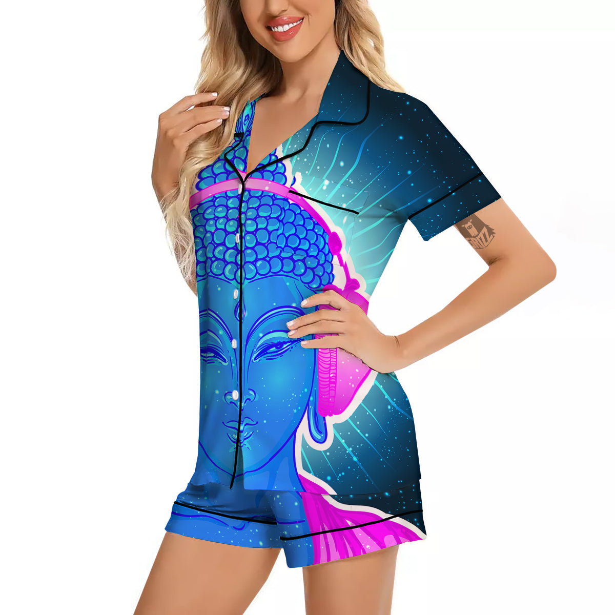 Buddha Psychedelic Print Women Silk Pajamas-grizzshop
