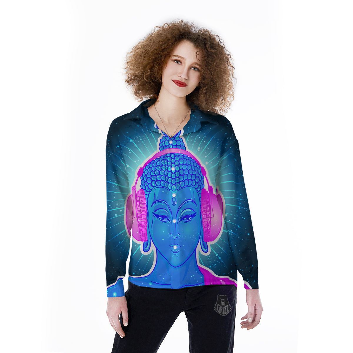 Buddha Psychedelic Print Women's Long Sleeve Shirts-grizzshop