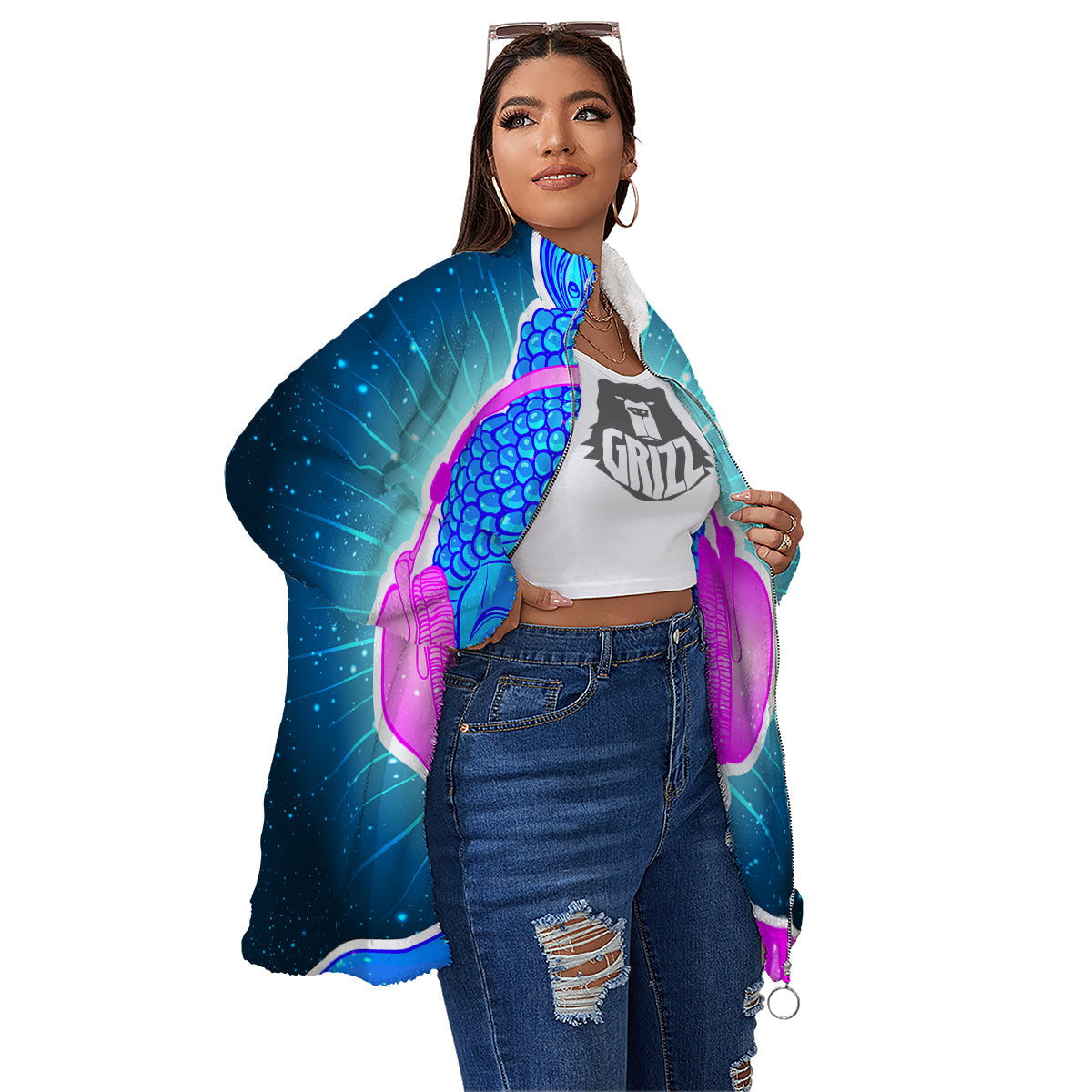 Buddha Psychedelic Print Women's Sherpa Jacket-grizzshop