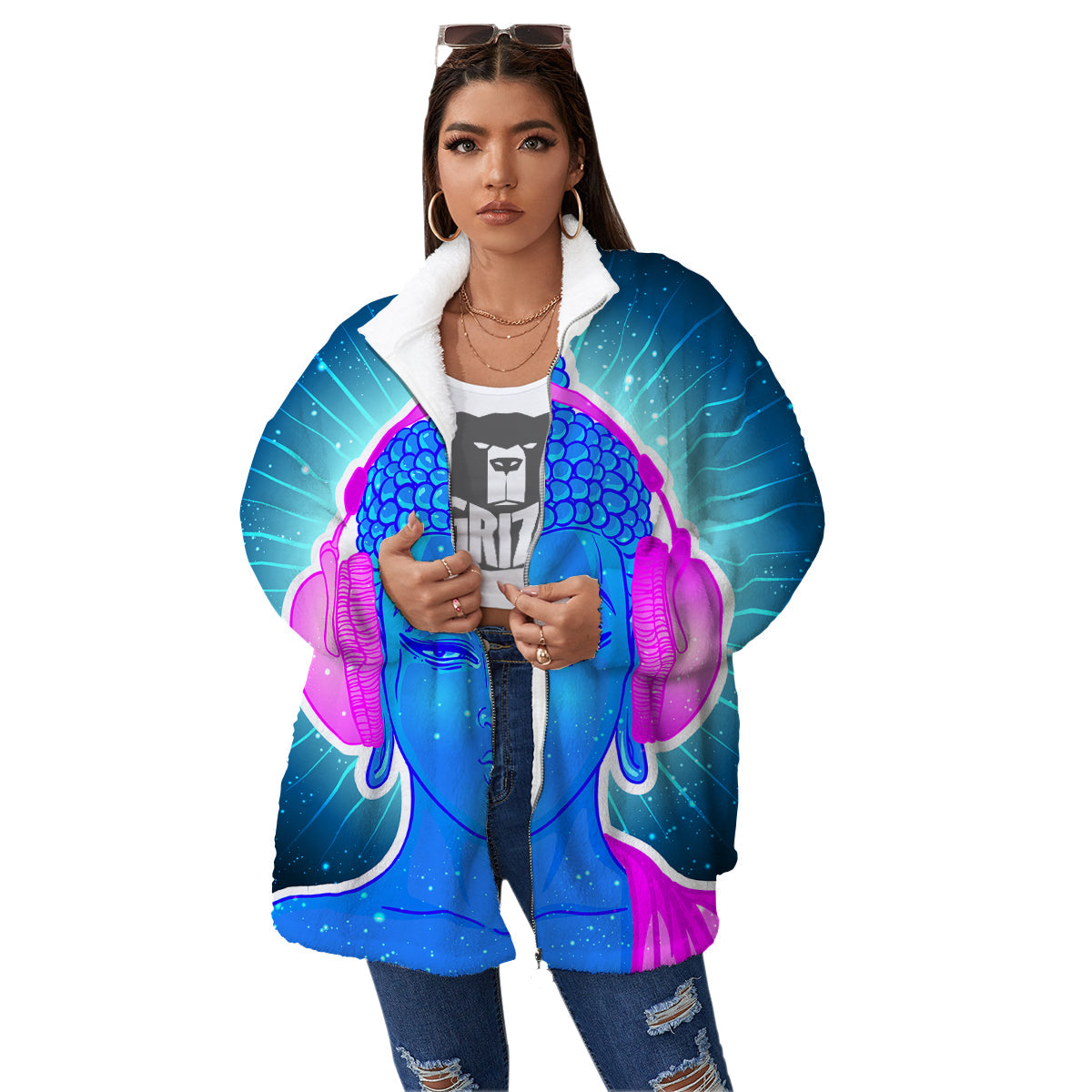 Buddha Psychedelic Print Women's Sherpa Jacket-grizzshop