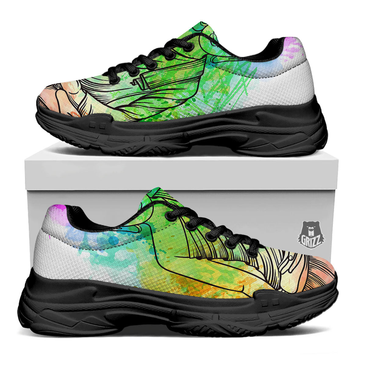 Buddha Reggae Print Black Chunky Shoes-grizzshop