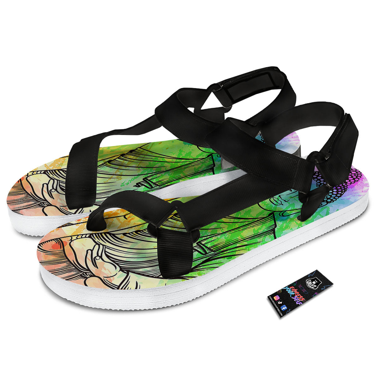 Buddha Reggae Print Black Open Toe Sandals-grizzshop