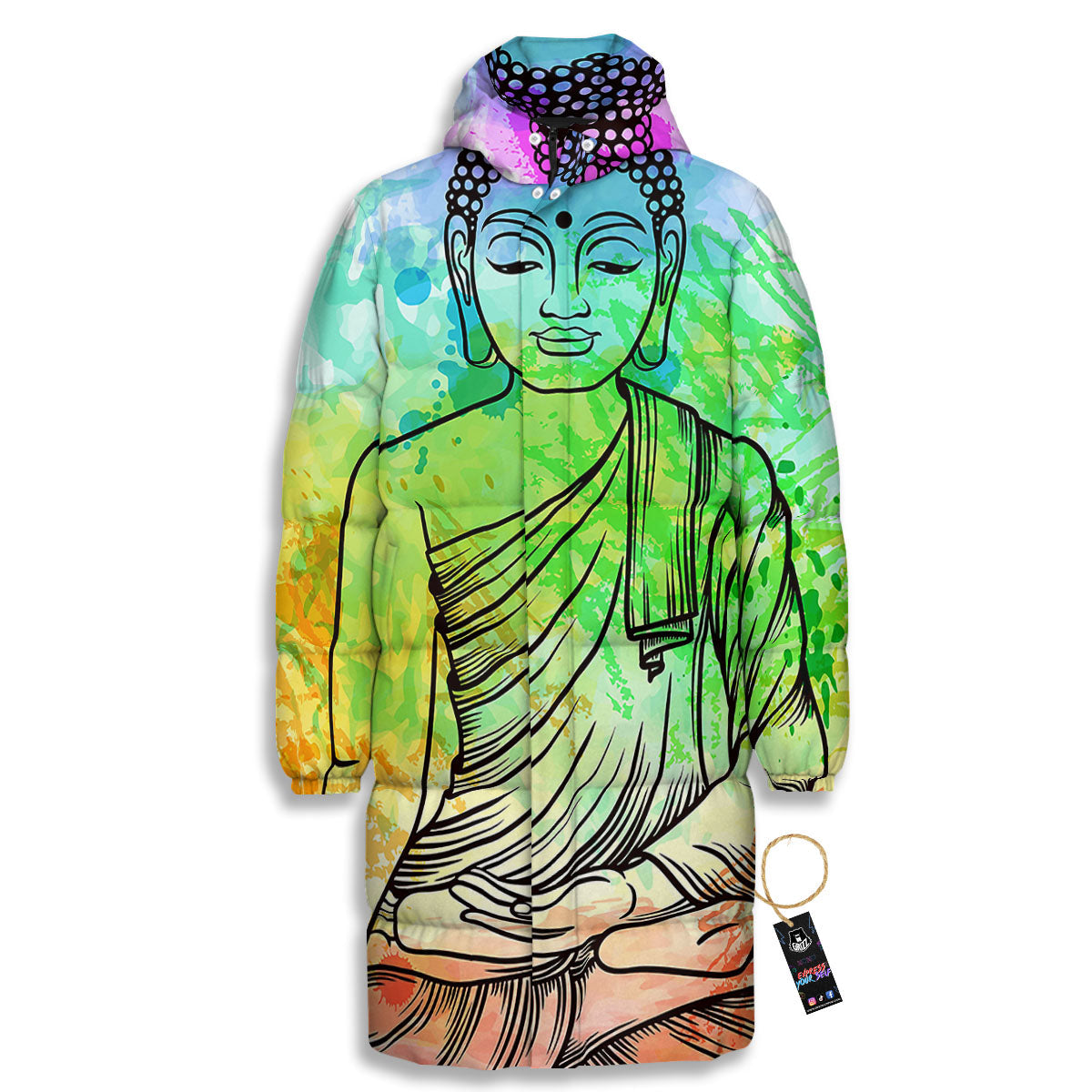 Buddha Reggae Print Long Down Jacket-grizzshop