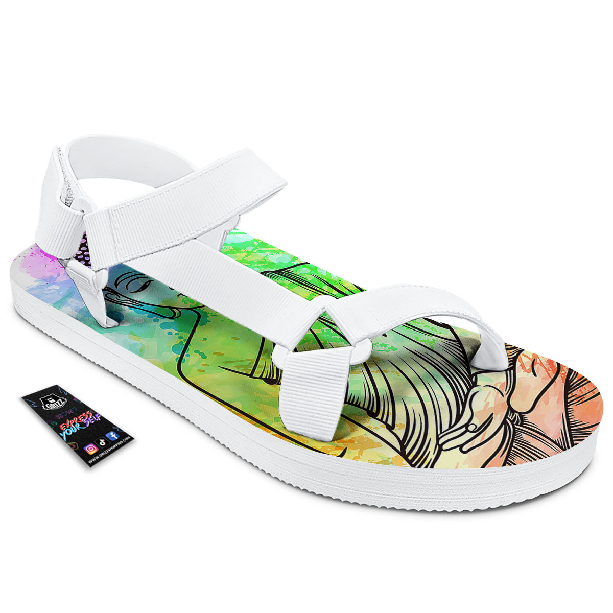 Buddha Reggae Print White Open Toe Sandals-grizzshop