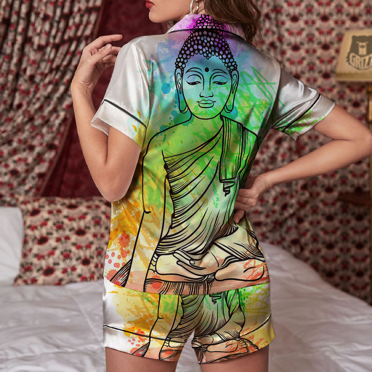 Buddha Reggae Print Women Silk Pajamas-grizzshop