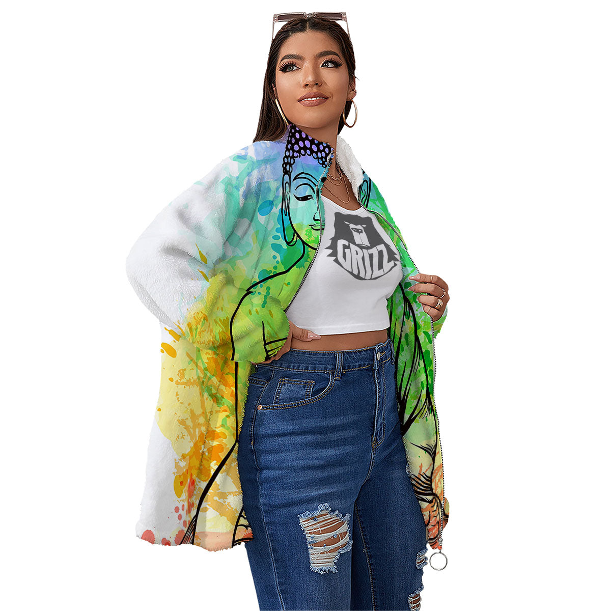 Buddha Reggae Print Women's Sherpa Jacket-grizzshop