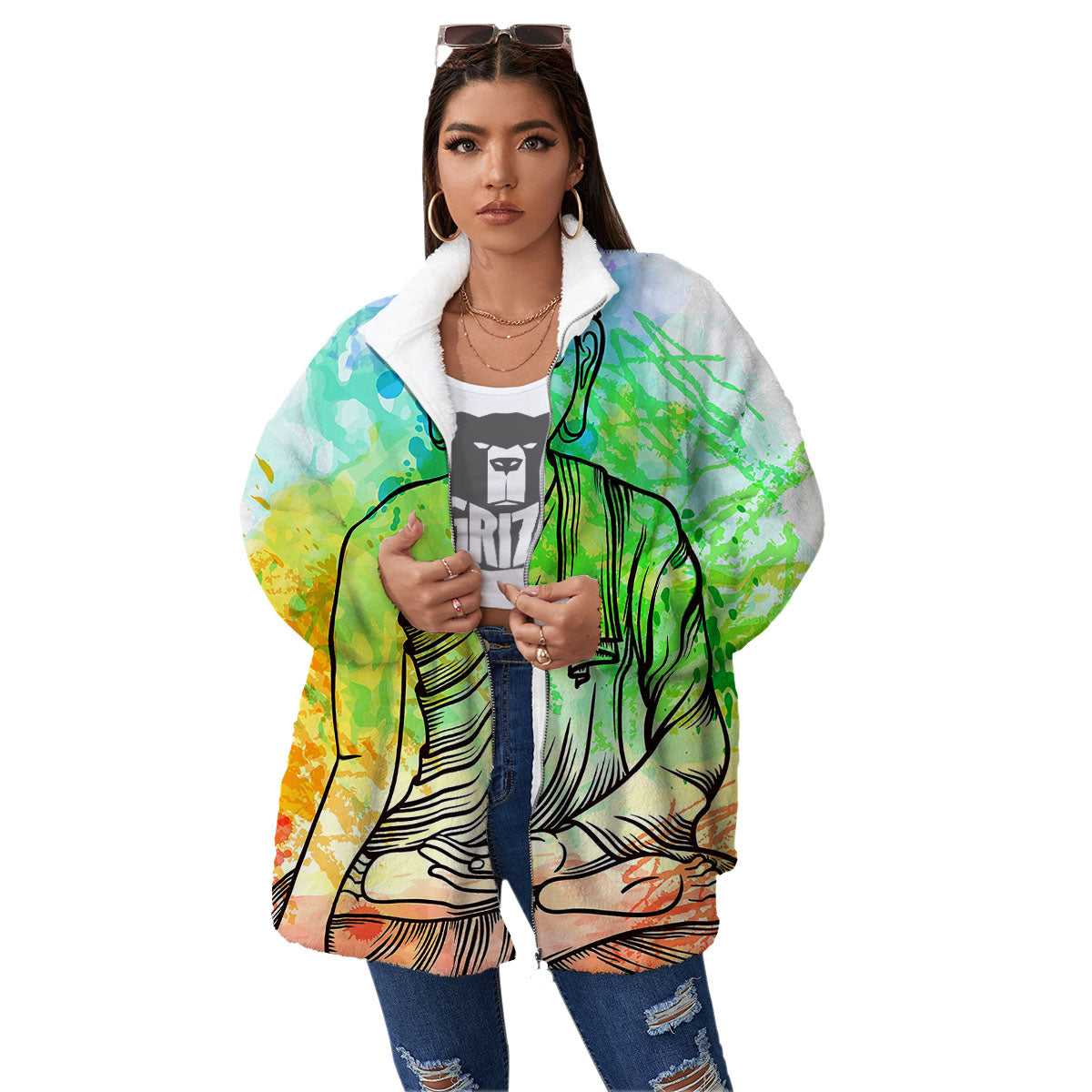 Buddha Reggae Print Women's Sherpa Jacket-grizzshop