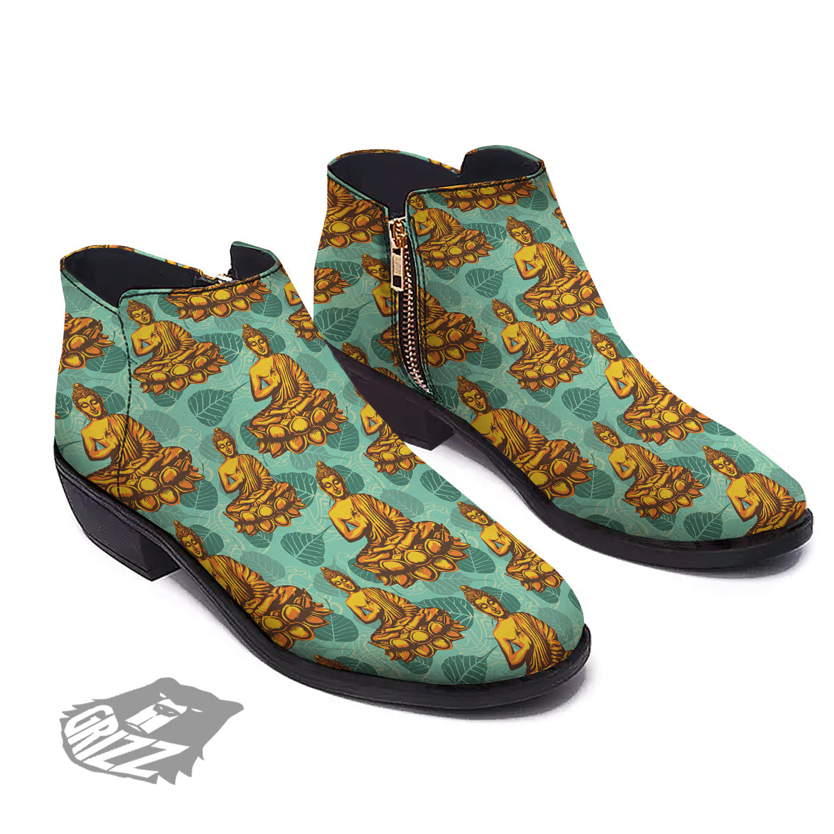 Buddha Sits On The Leaf Print Pattern Ankle Boots-grizzshop