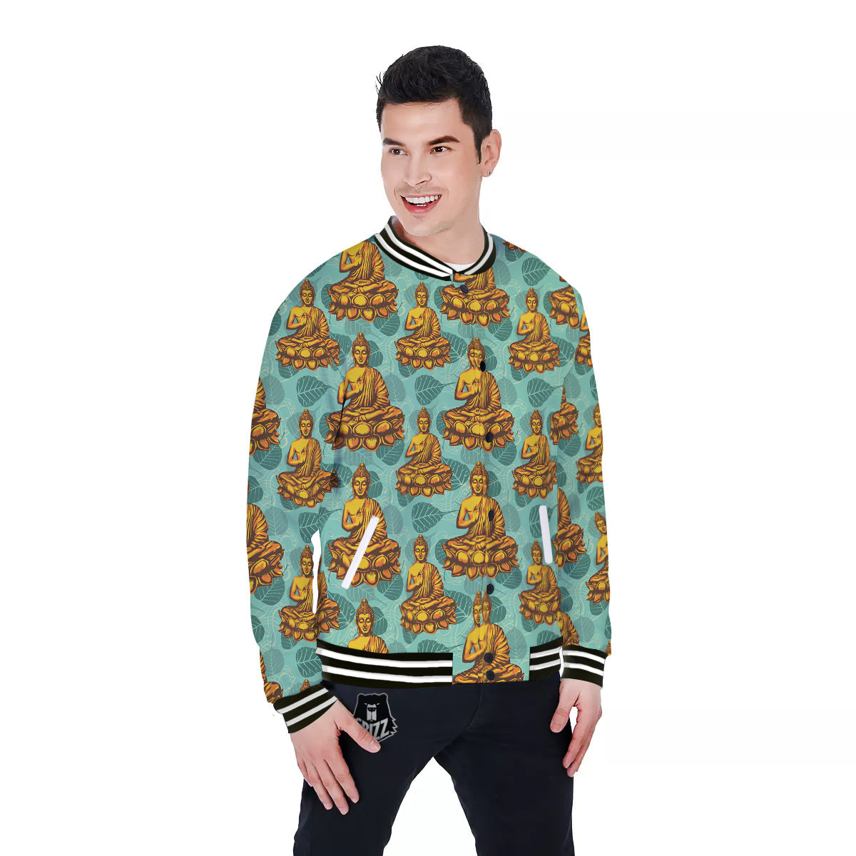 Buddha Sits On The Leaf Print Pattern Baseball Jacket-grizzshop
