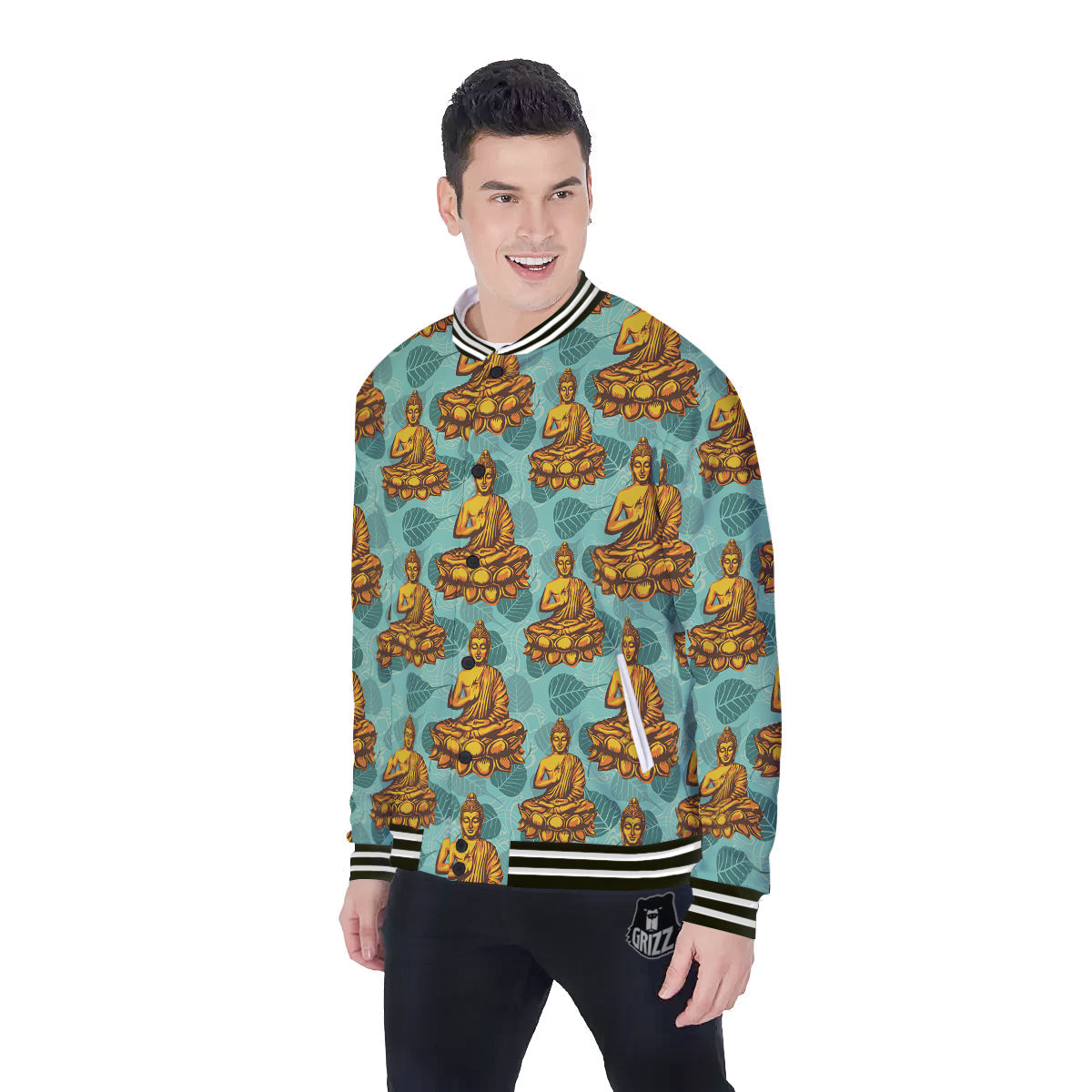 Buddha Sits On The Leaf Print Pattern Baseball Jacket-grizzshop