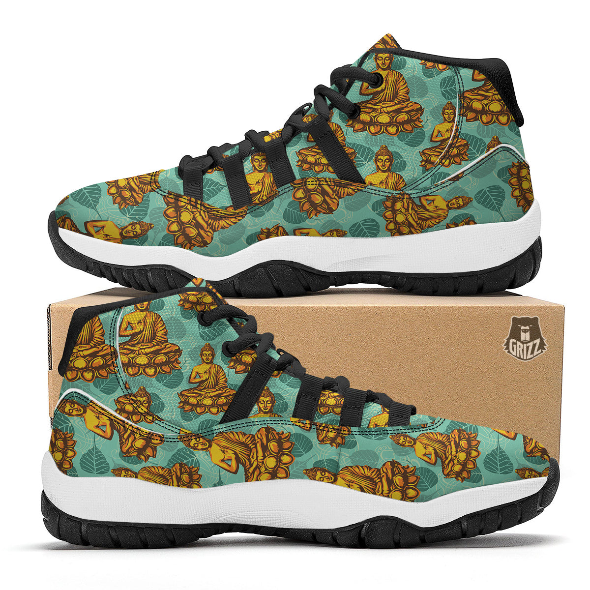 Buddha Sits On The Leaf Print Pattern Black Bball Shoes-grizzshop